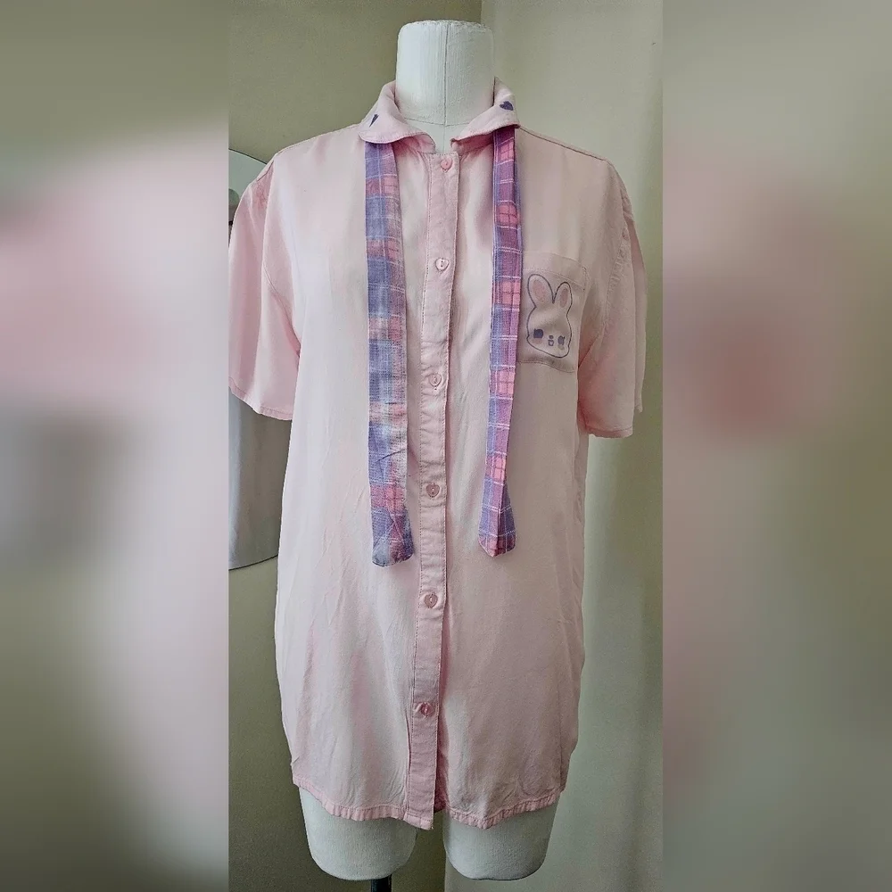 Kawaii Pastel Bunny Bow Girls Woven Button-up Whimsical Top by Hot Topic Sz S